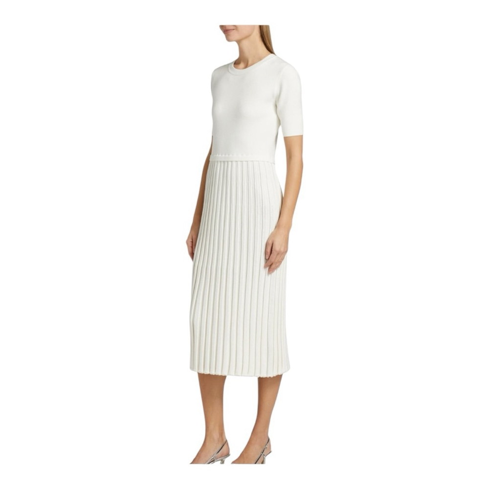 Women's Elie Tahari White Short Sleeve Knit Pleated Midi Dress - Picture 3 of 11